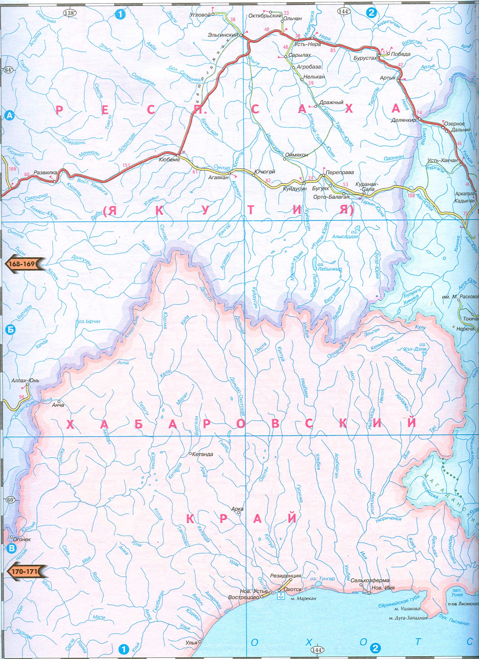 Магаданская область - новая карта автодорог масштаба 1см:27км. Подробная карта Магаданской обл, A0 - 
