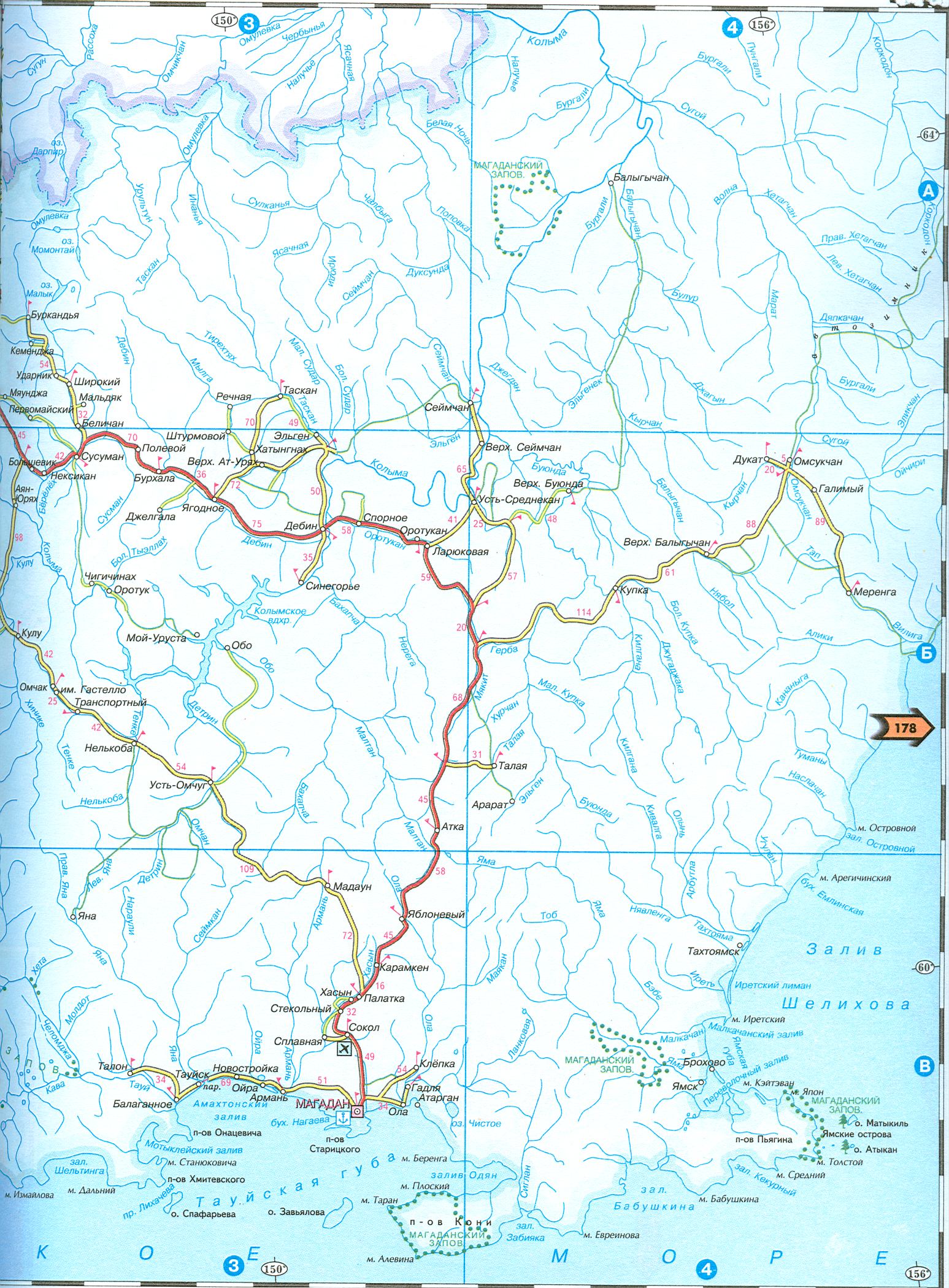 Магаданская область - новая карта автодорог масштаба 1см:27км. Подробная карта Магаданской обл, B0 - 